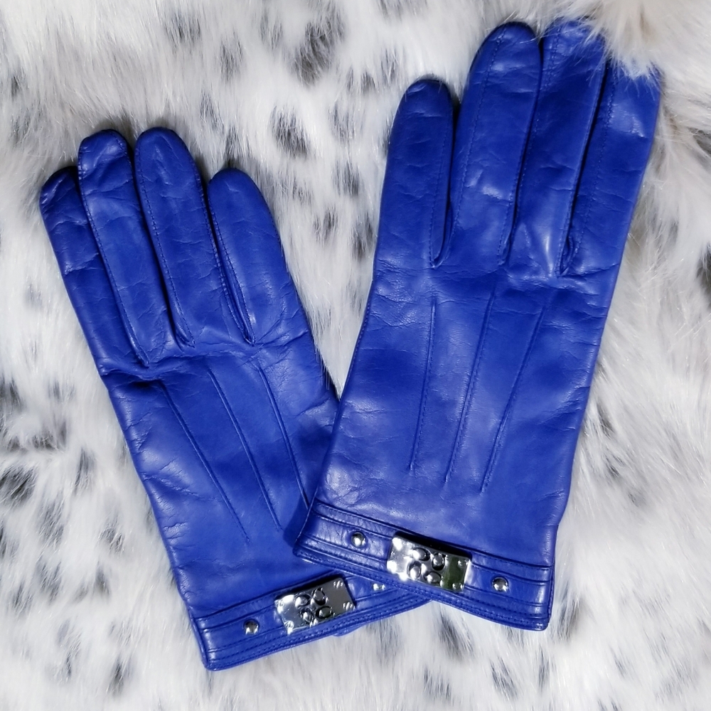 NWOT-Coach Royal Blue Leather Gloves, Silver Logo Plaque, & Cashmere Lining Sz 8